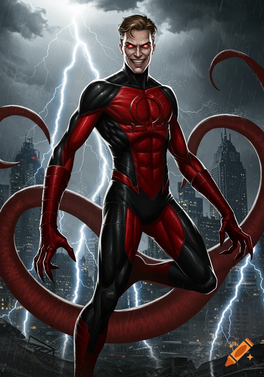 Menacing supervillain in red and black suit with Omega symbol, red eyes, and sharp teeth, against stormy city and tentacles. Comic art.