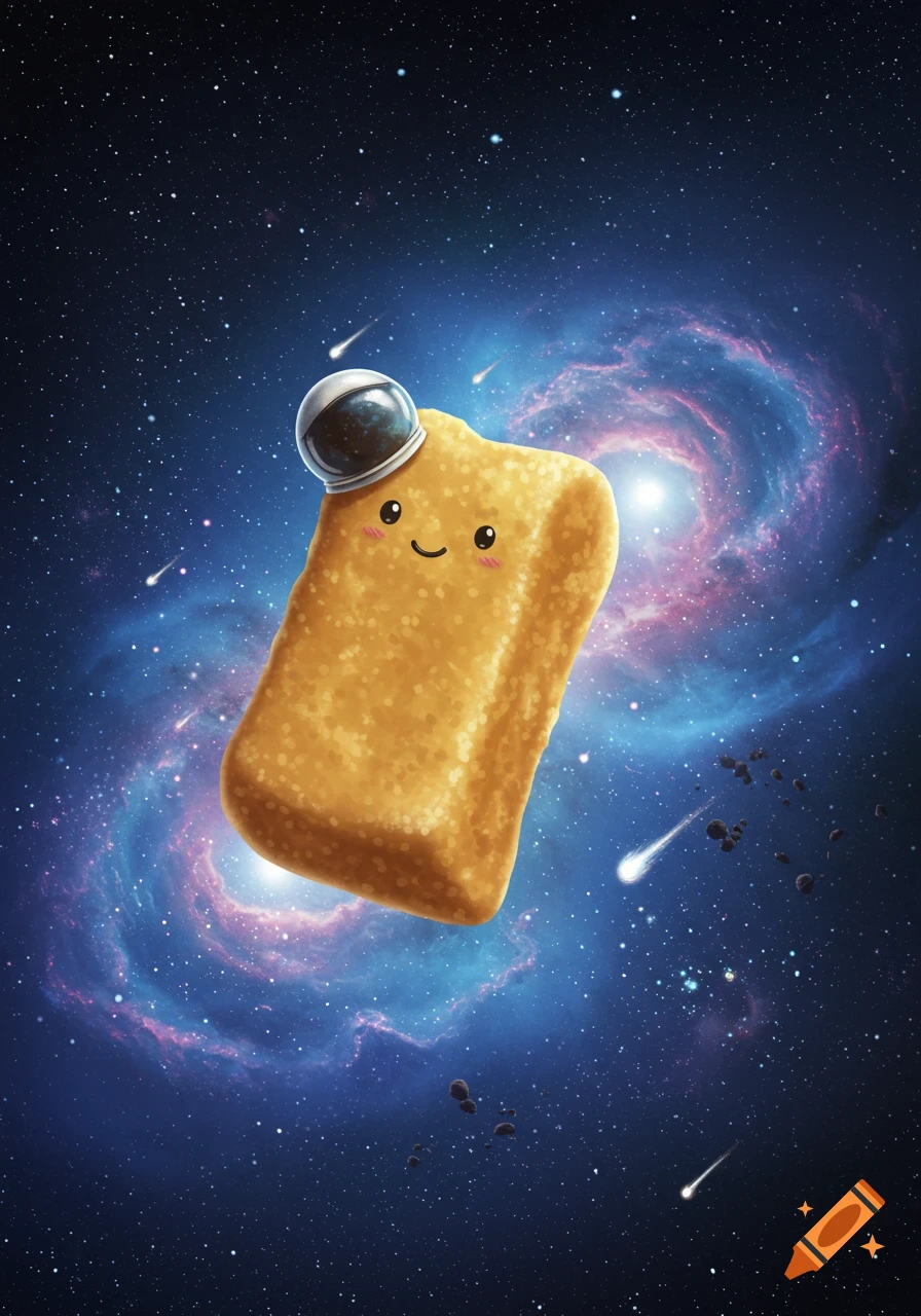 A cute, smiling cartoon twinkie wearing an astronaut helmet floats in deep space among stars and a vibrant nebula.