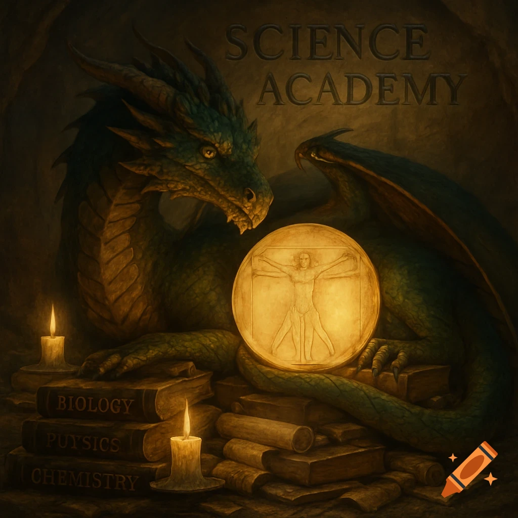 A majestic green dragon in a dimly lit cave, guarding a stack of old books with titles like "Biology" and "Chemistry," and a glowing orb with the Vitruvian Man. Candles light the scene, with "SCIENCE ACADEMY" carved into the rock above.