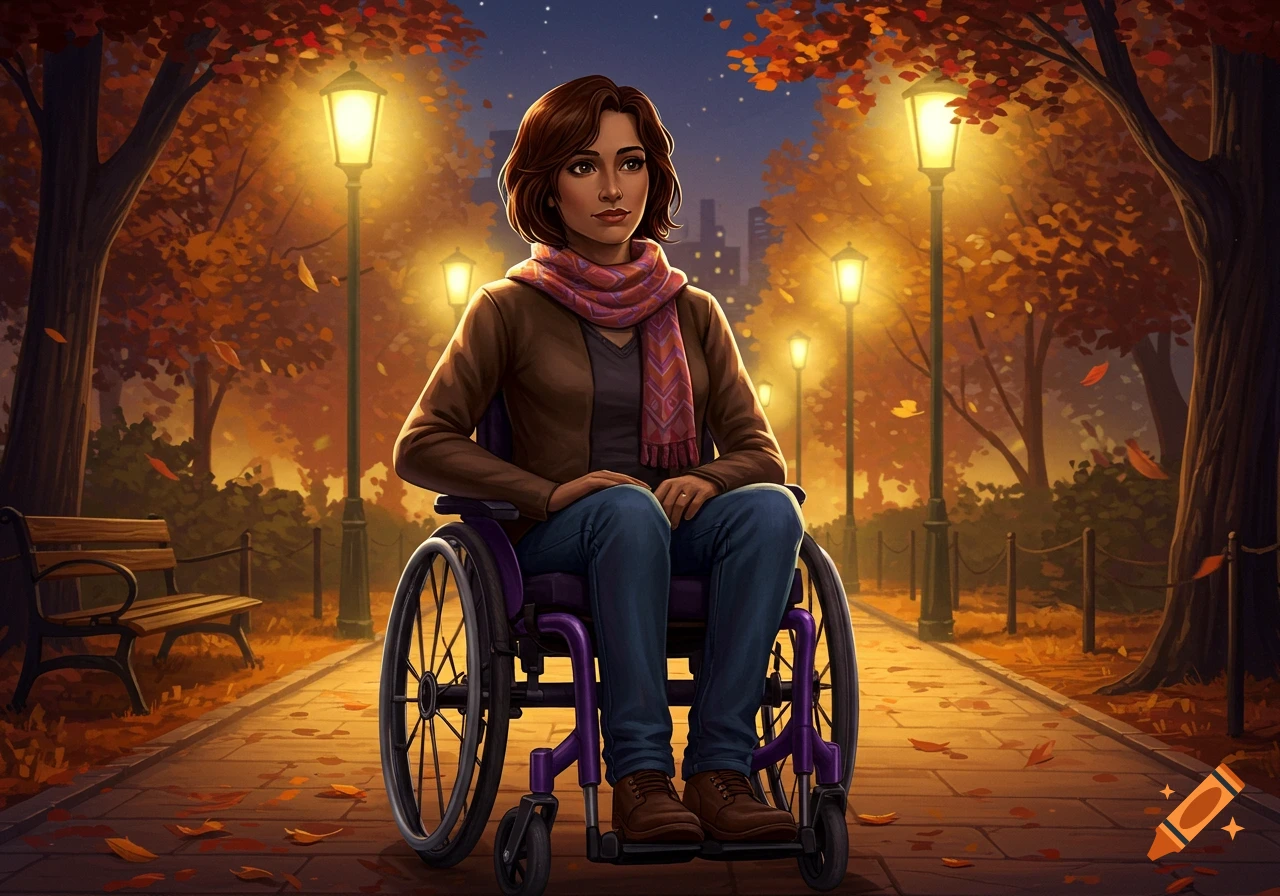 Illustration of a woman in a purple wheelchair in an autumn park at night, illuminated by lampposts.