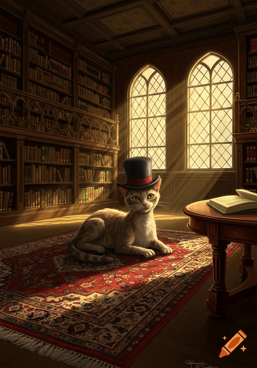 A charming cat in a black top hat lies on a red patterned rug in a sunlit, ornate library with bookshelves.