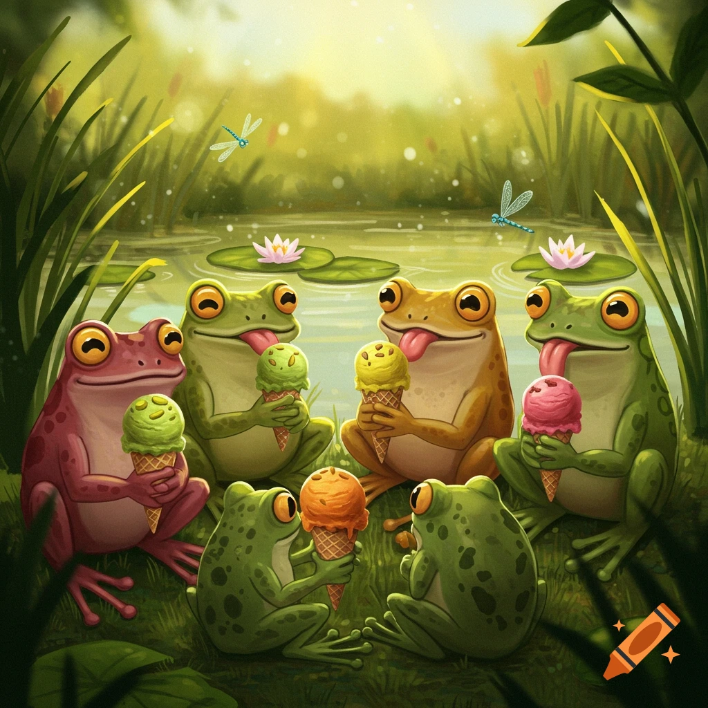 Six colorful cartoon frogs lick ice cream cones by a pond with lily pads and dragonflies, in a vibrant illustration.