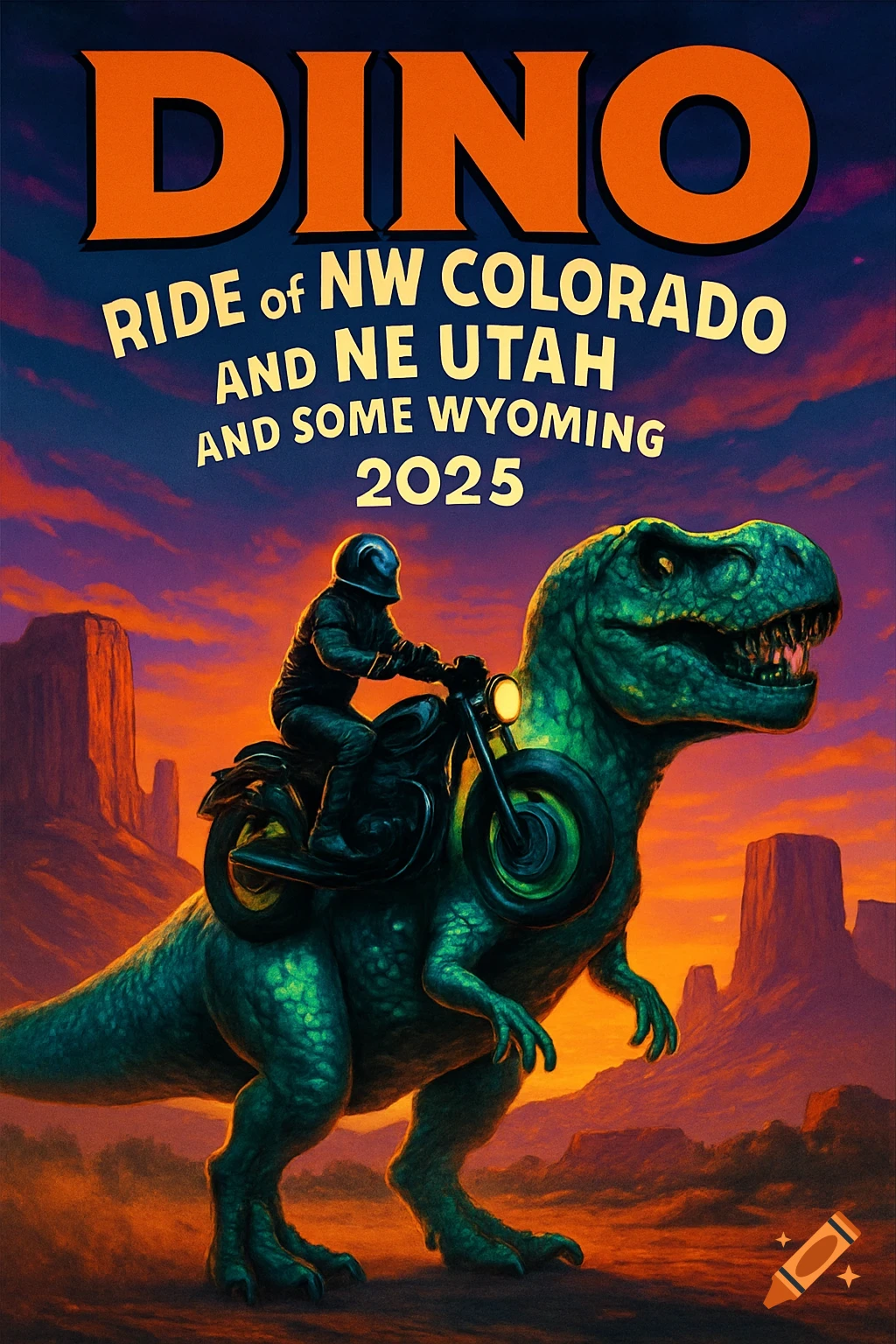 A biker rides a green T-Rex like a motorcycle through a desert at sunset. Text reads 'DINO Ride of NW Colorado and NE Utah and some Wyoming 2025'.
