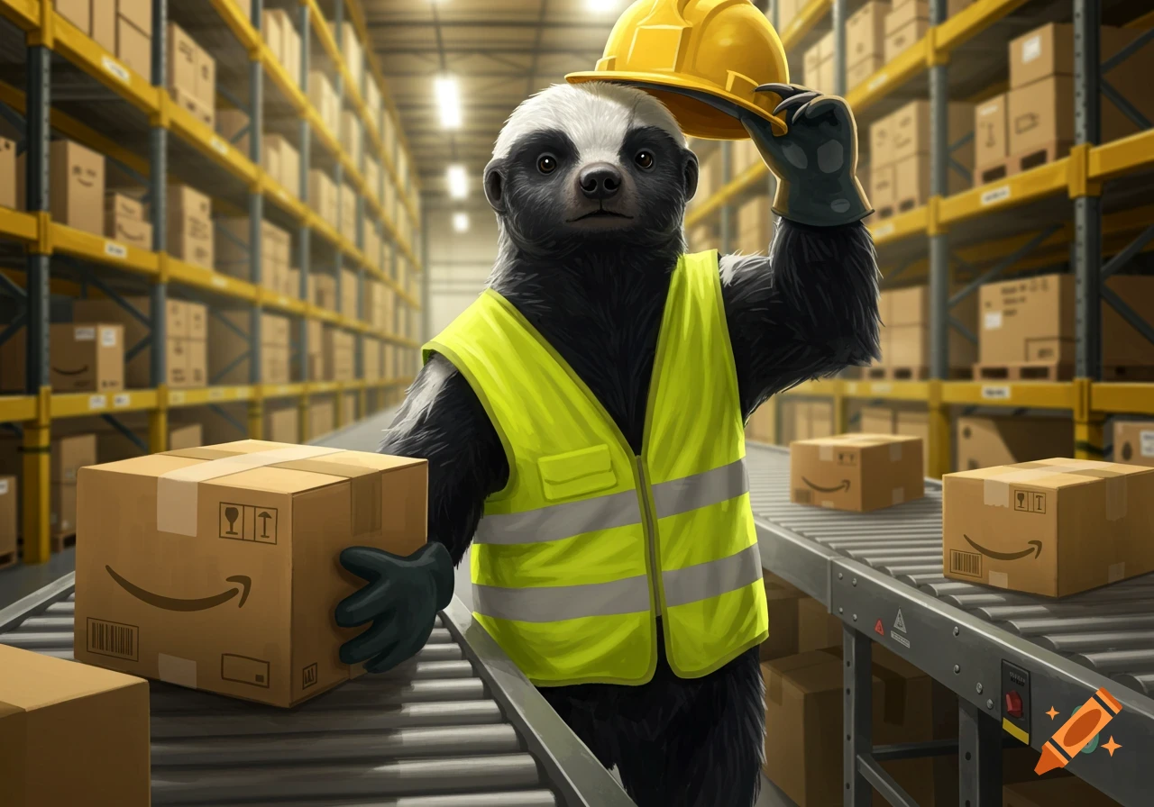 An anthropomorphic honey badger wearing a hard hat, safety vest, and gloves, places an Amazon package onto a conveyor belt in a warehouse.