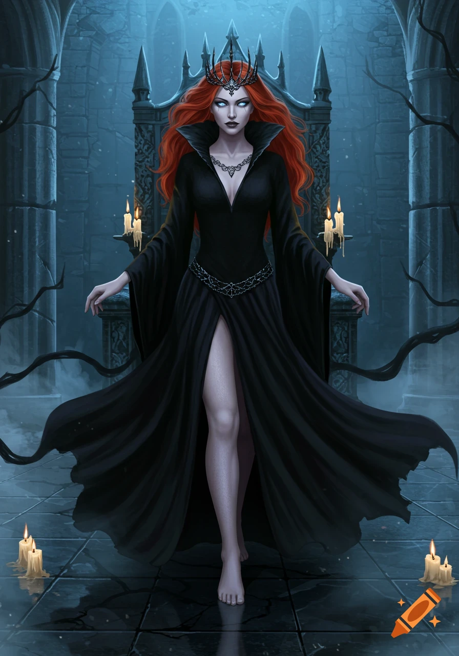 A dark fantasy digital painting of a red-haired evil queen in a black gown and crown, standing barefoot in a gothic castle.