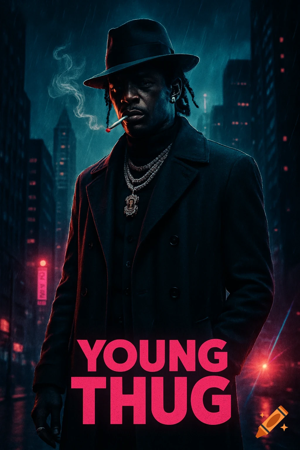 A man in a fedora and trench coat smokes a cigarette on a dark, rainy city street. Text reads 'YOUNG THUG'.