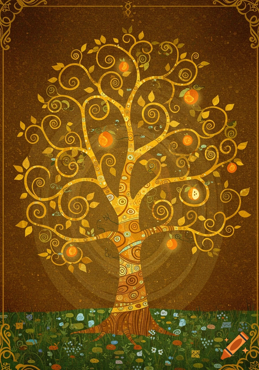 Stylized golden tree of knowledge with glowing fruits and swirling branches, in the style of Gustav Klimt, on a textured dark background with a decorative border.
