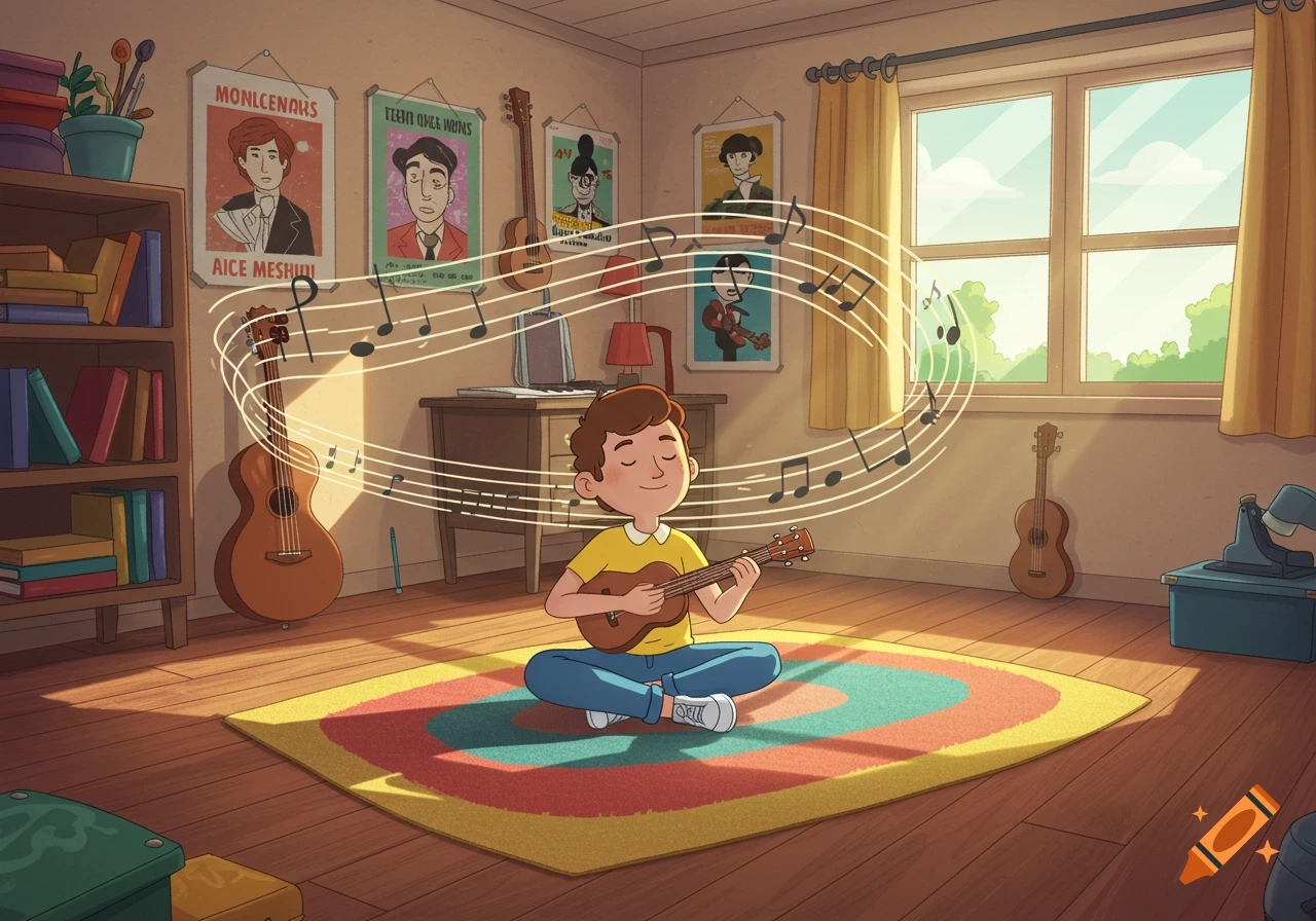 Cartoon boy sitting cross-legged on a colorful rug in a sunny room, playing a ukulele with musical notes floating around him.