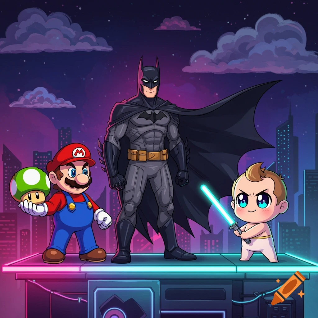 Cartoon Batman, Mario holding a green mushroom, and a chibi baby with a lightsaber stand on a neon rooftop at night.