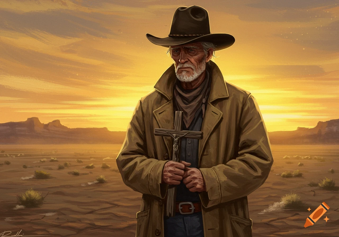 Digital painting of a weathered old cowboy in a hat and coat, holding a crucifix in a desert landscape at sunset.
