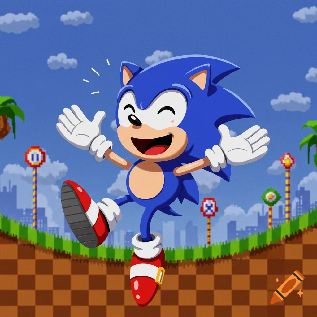 Cheerful Sonic the Hedgehog leaps in a colorful 8-bit Green Hill Zone background with pixelated clouds and signs.