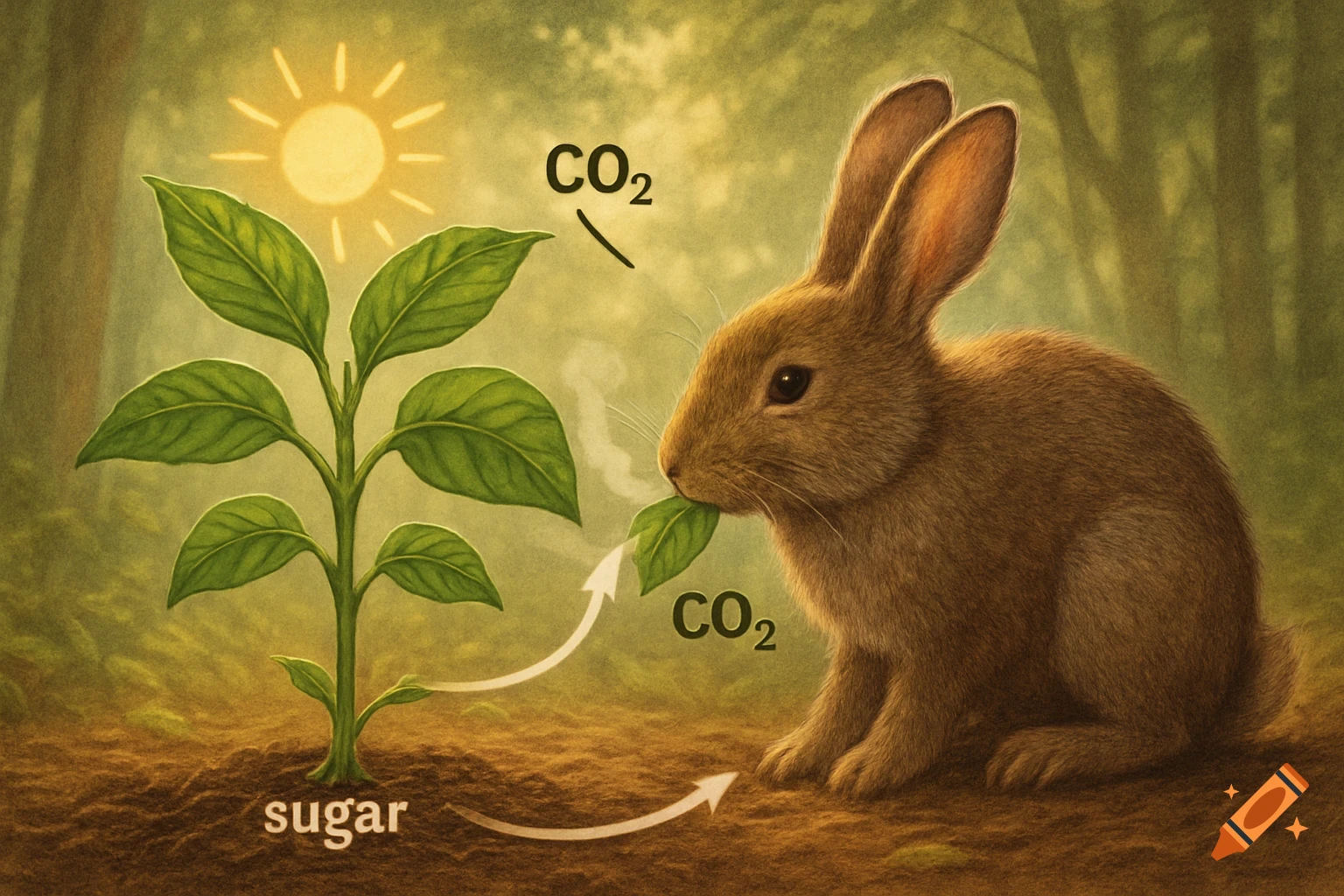 An illustration of the carbon cycle with a brown rabbit, a green plant, sun, and labels 'CO2' and 'sugar' in a forest.