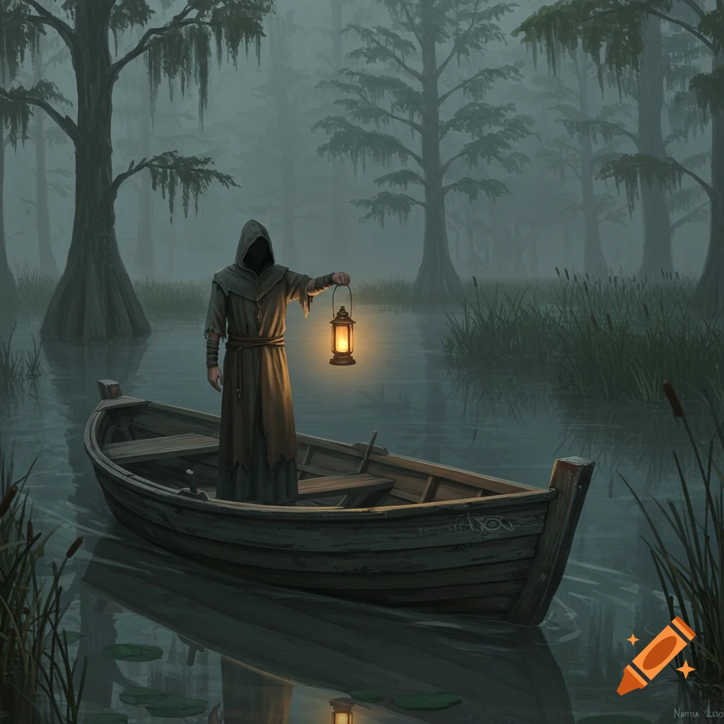 Hooded figure in a boat holds a glowing lantern in a misty, dark swamp with cypress trees and reflective water.