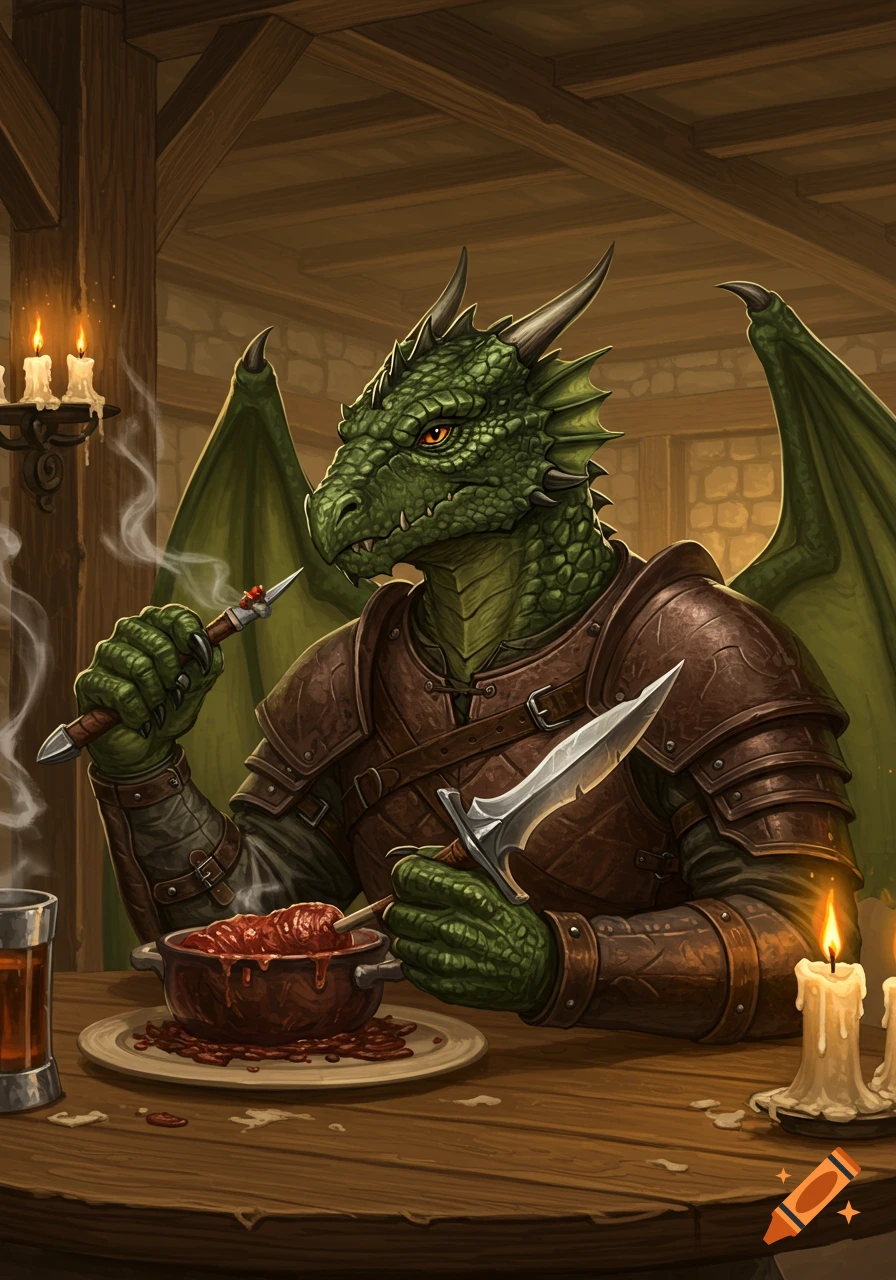 A green dragon-like warrior in leather armor sits at a rustic tavern table, eating a pot roast with daggers.