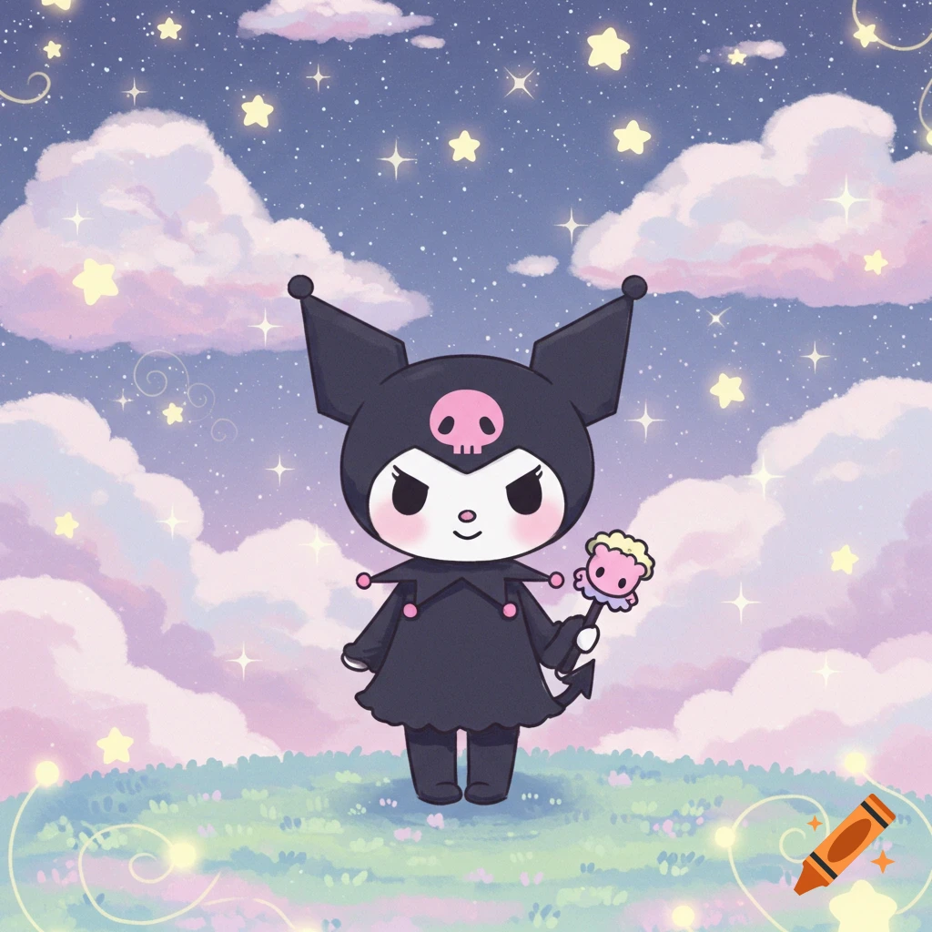Kuromi stands in a field with glowing elements under a pastel night sky filled with clouds and sparkling stars, holding a staff with a pink skull.