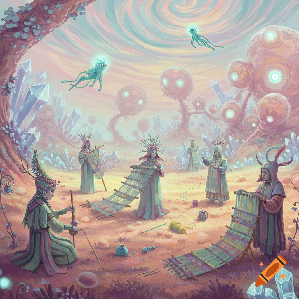 Surreal fantasy art of human-like figures crafting in a glowing landscape with large crystals and floating alien creatures.