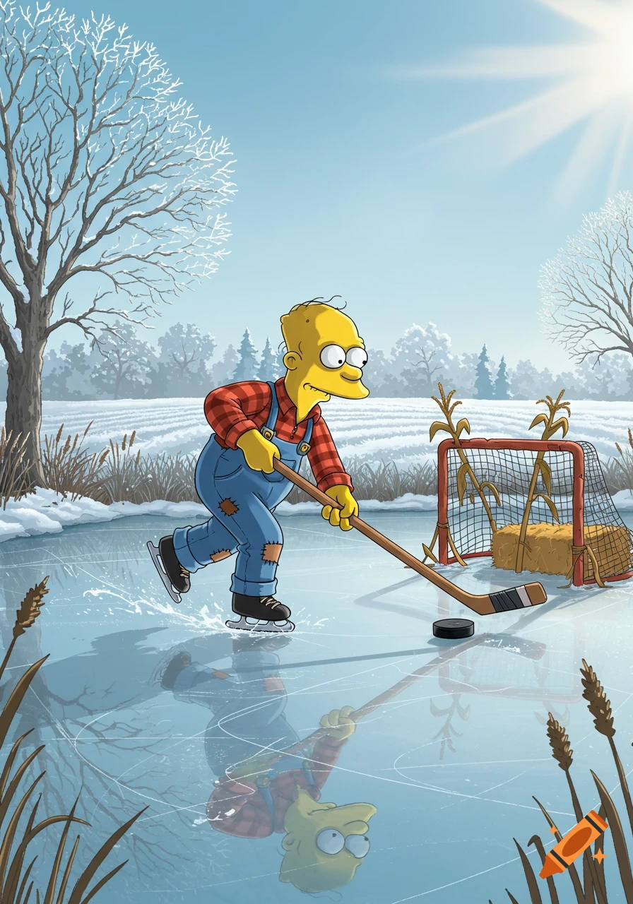 Cartoon Cletus Spuckler from The Simpsons plays hockey on a frozen pond in a snowy winter field under a sunny sky.