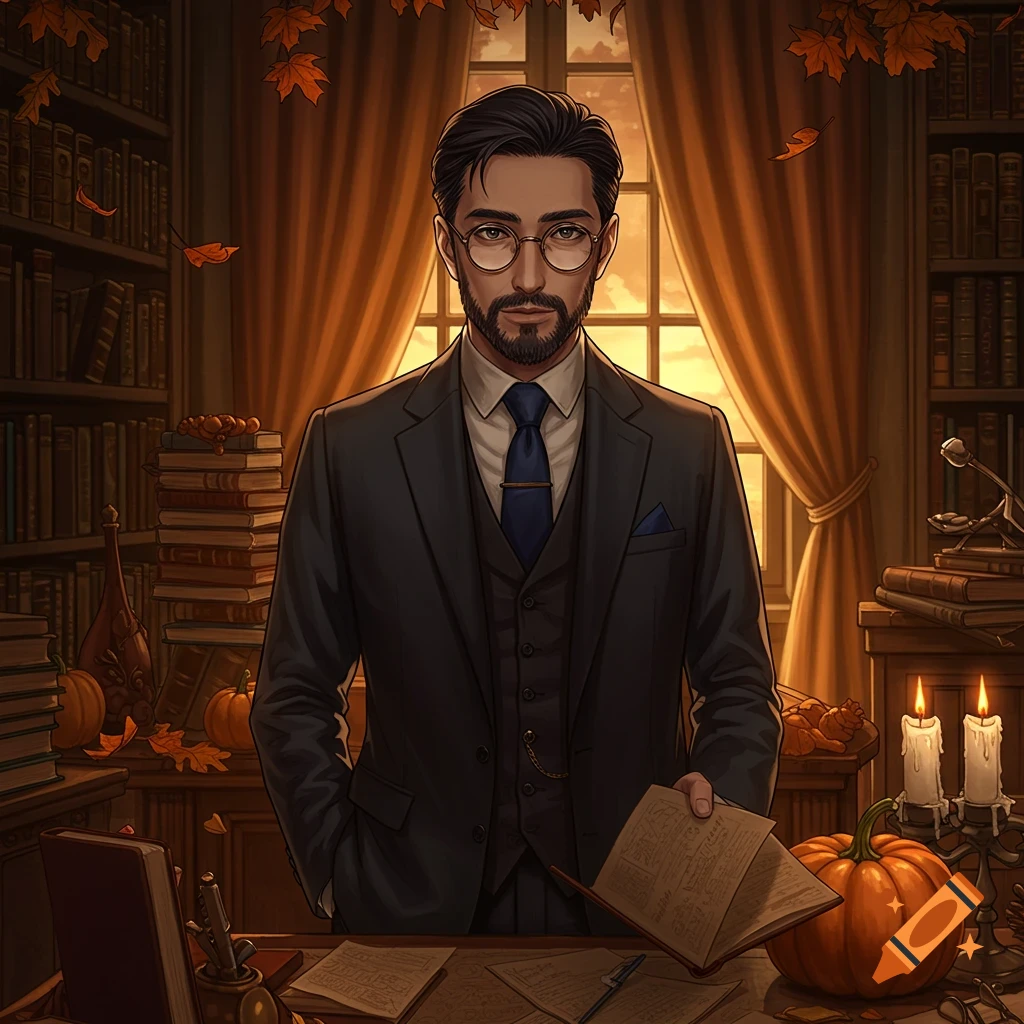 An anime-style portrait of a distinguished man with a beard and glasses, wearing a suit, standing in a cozy library with fall decor, holding an open book.