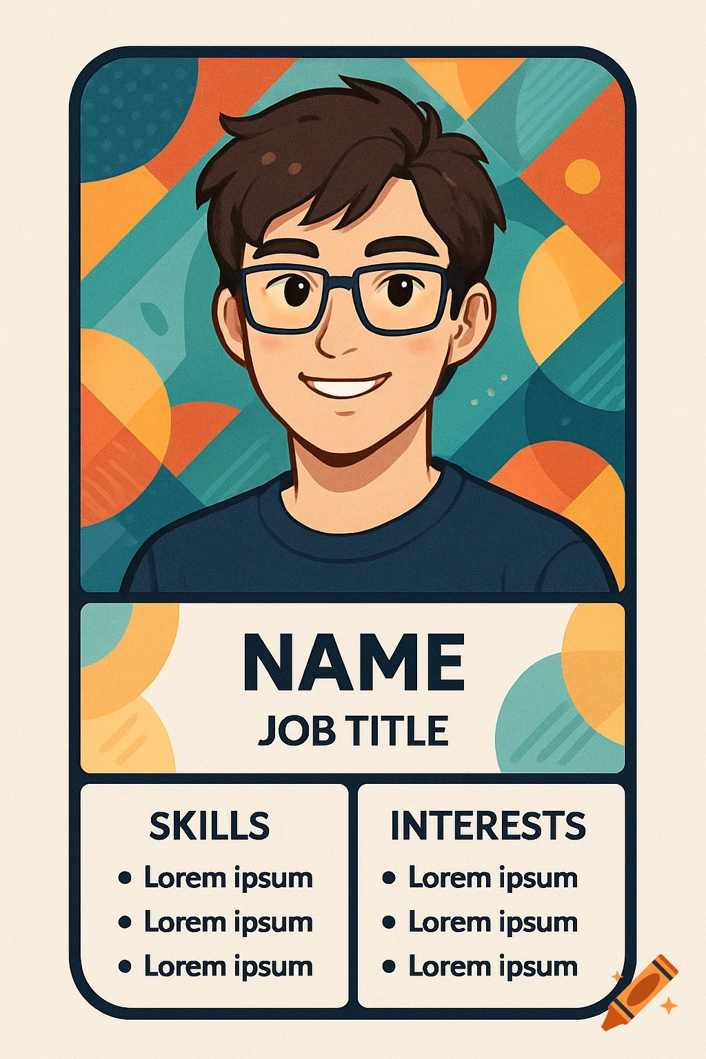 Vertical ID card with a cartoon illustration of a smiling man in glasses, showing sections for name, job title, skills, and interests.