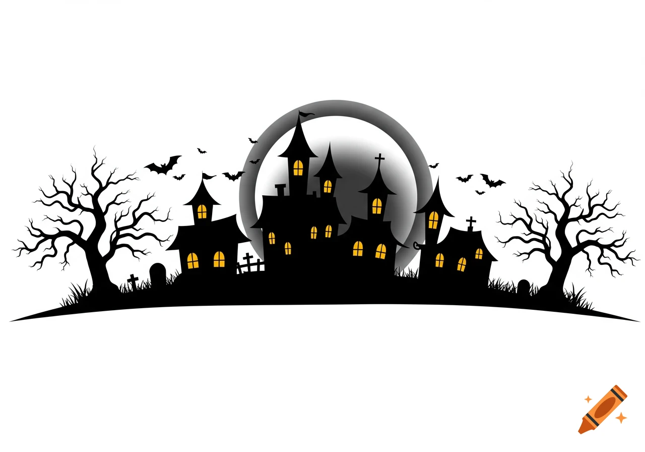 A black silhouette of a spooky Halloween town with haunted houses, bare trees, bats, and gravestones against a large moon on a white background.