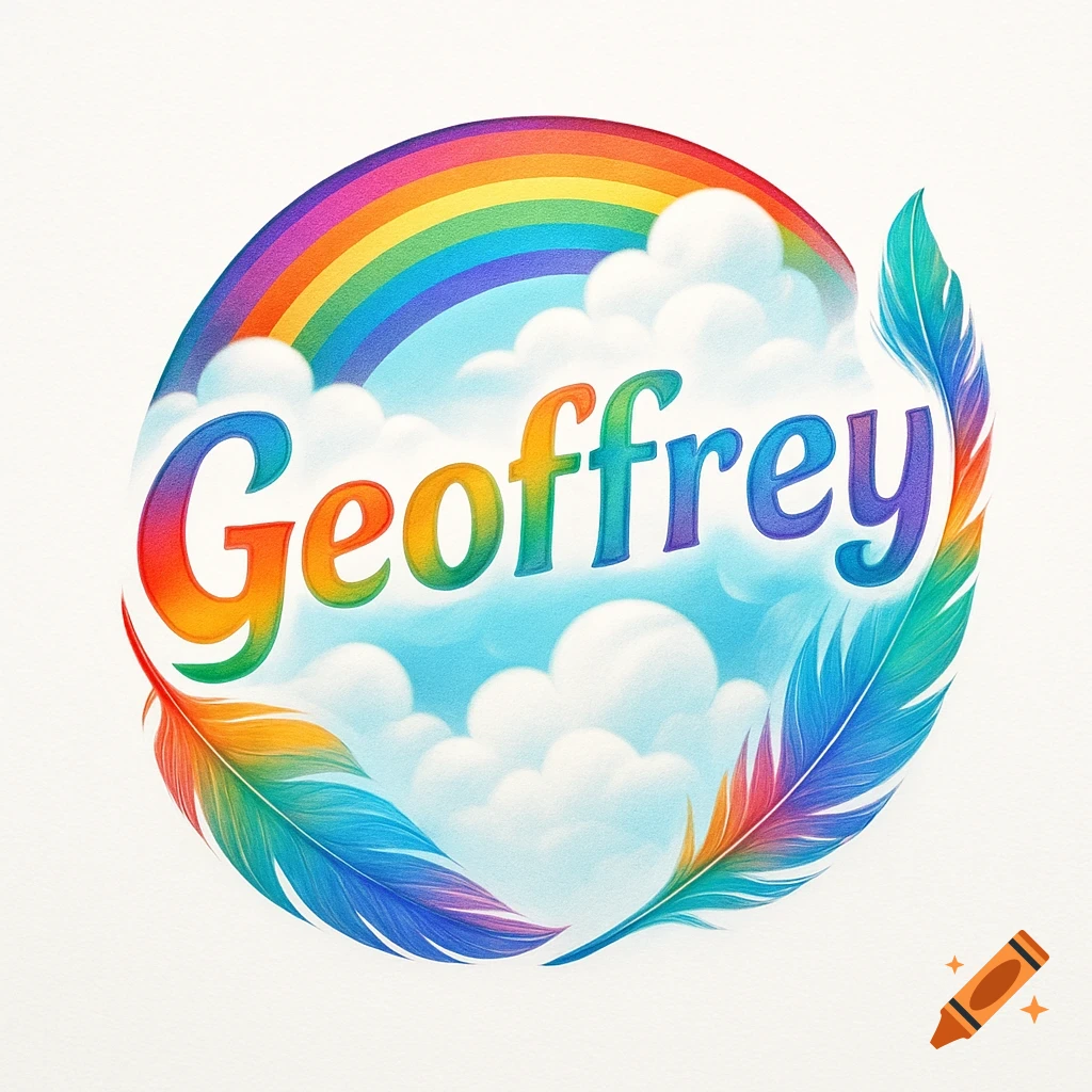 Circular logo with the name Geoffrey in rainbow colors, surrounded by clouds and colorful feathers.
