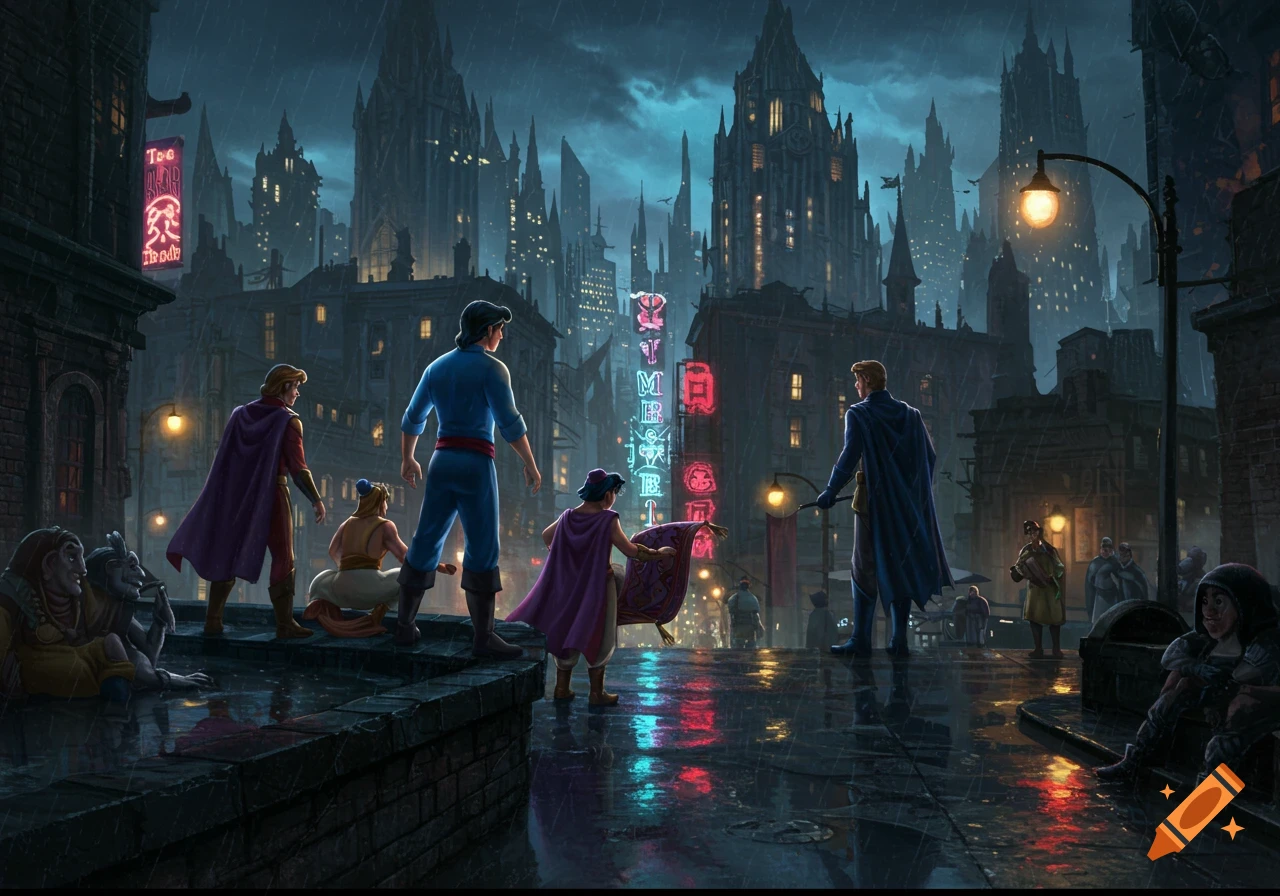 Disney princes, including Aladdin and Prince Eric, stand on a wet, rainy street in a dark, gothic city with neon signs and tall buildings, reminiscent of Gotham.