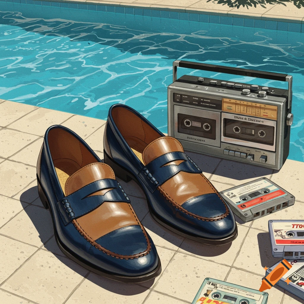 A pair of blue and brown loafers, a silver retro boombox, and cassette tapes sit by a swimming pool in a stylized art style.