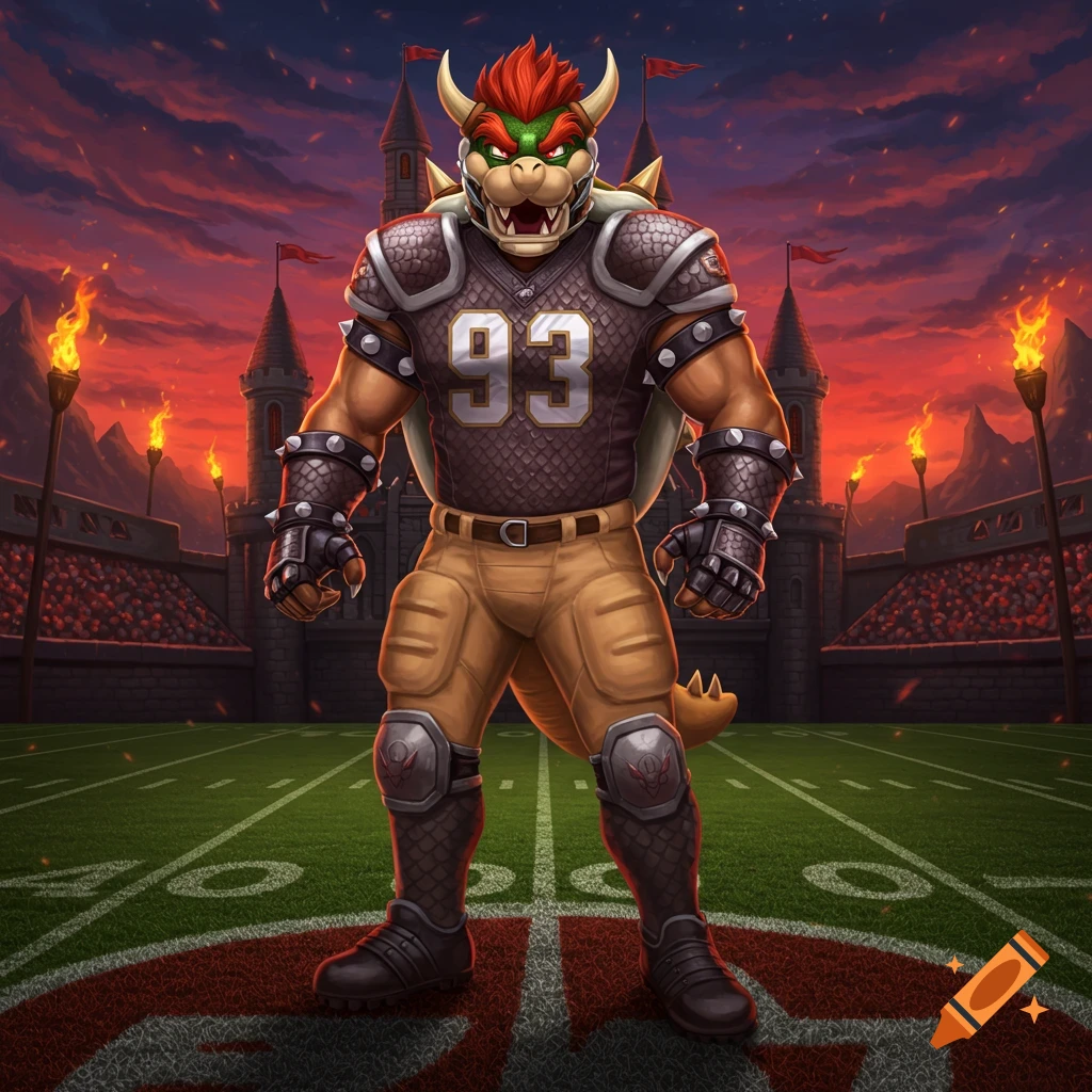 Bowser from Mario, dressed in football armor with the number 93, stands on a football field in front of a castle under a red sky.