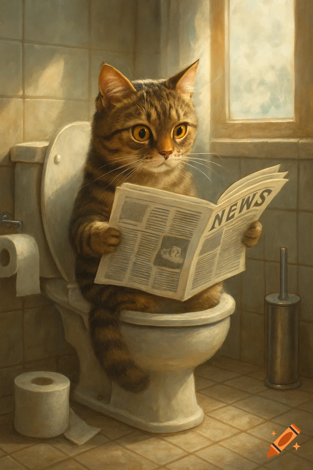 A tabby cat with large eyes sits on a toilet, intently reading a newspaper in a painted style.
