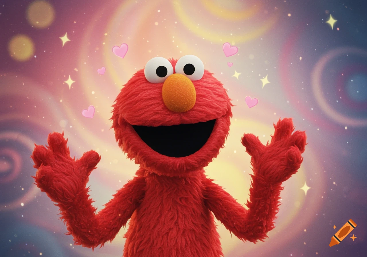 A smiling Elmo with red fur and an orange nose, surrounded by pink hearts and golden stars on a vibrant, swirly background.