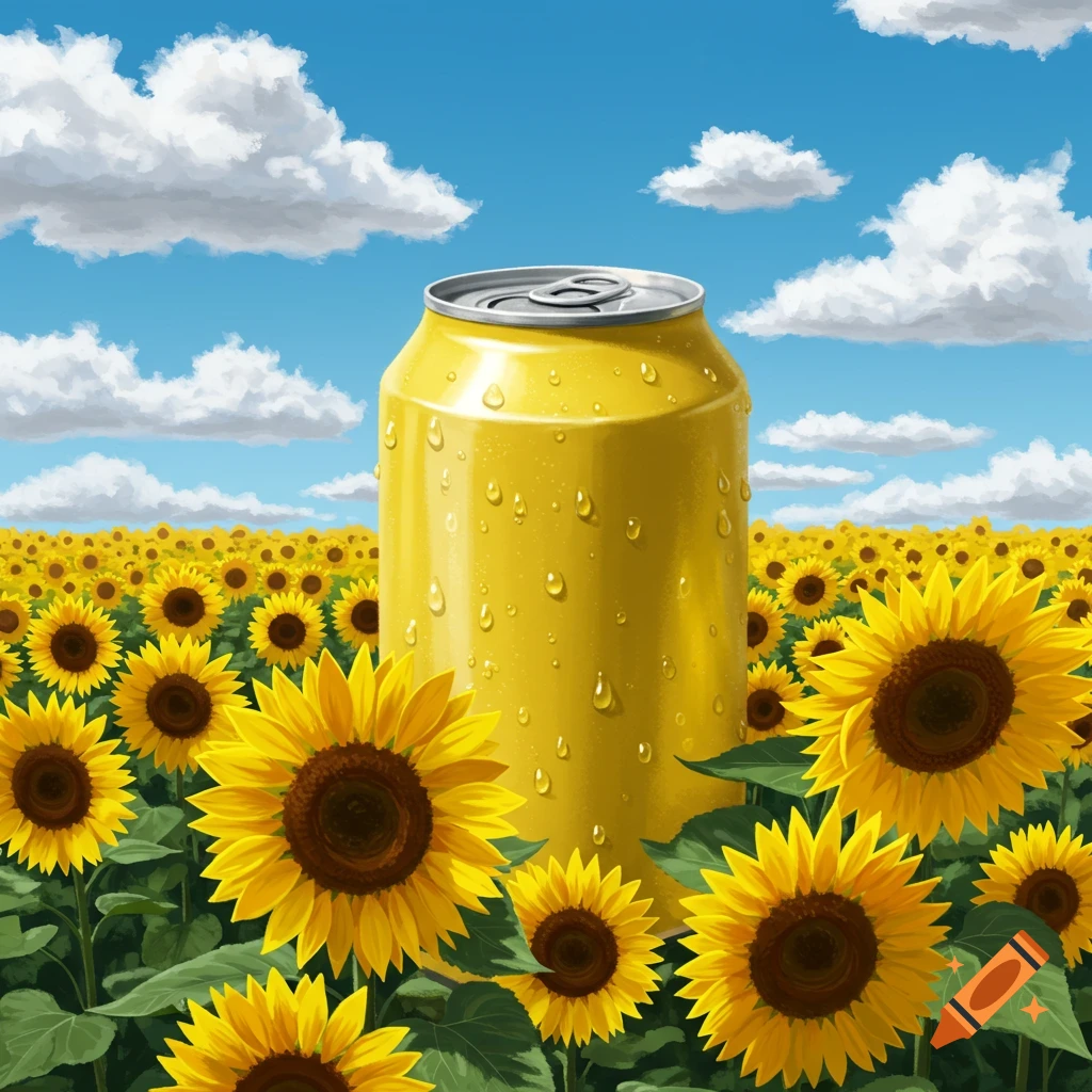 Giant yellow soda can with water droplets in a field of blooming sunflowers under a blue sky, illustrative style.