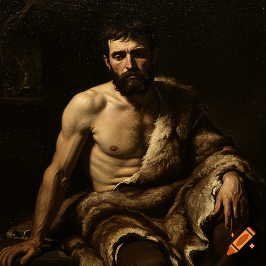 Baroque portrait painting of a young bearded man partially clothed in animal skin, with dramatic chiaroscuro lighting.