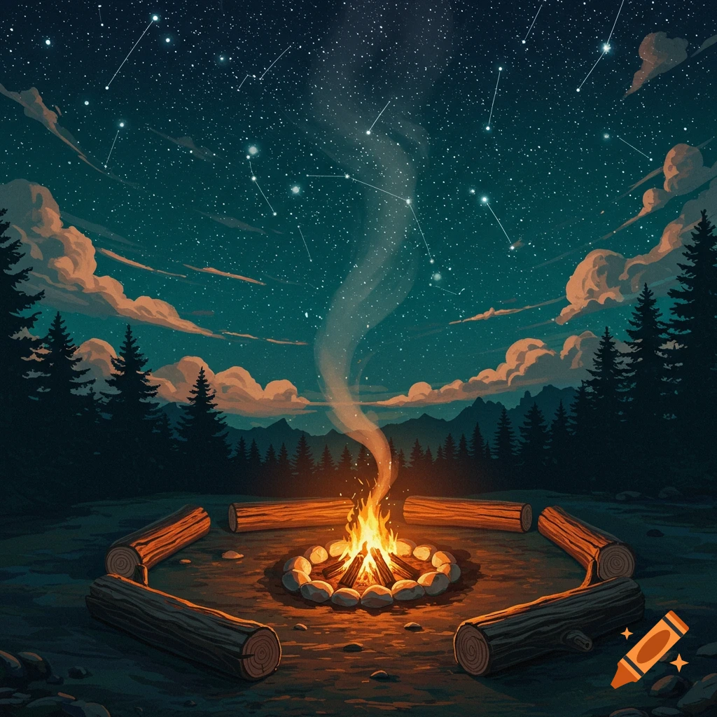 Stylized illustration of a campfire surrounded by logs under a beautiful, star-filled night sky in a forest.