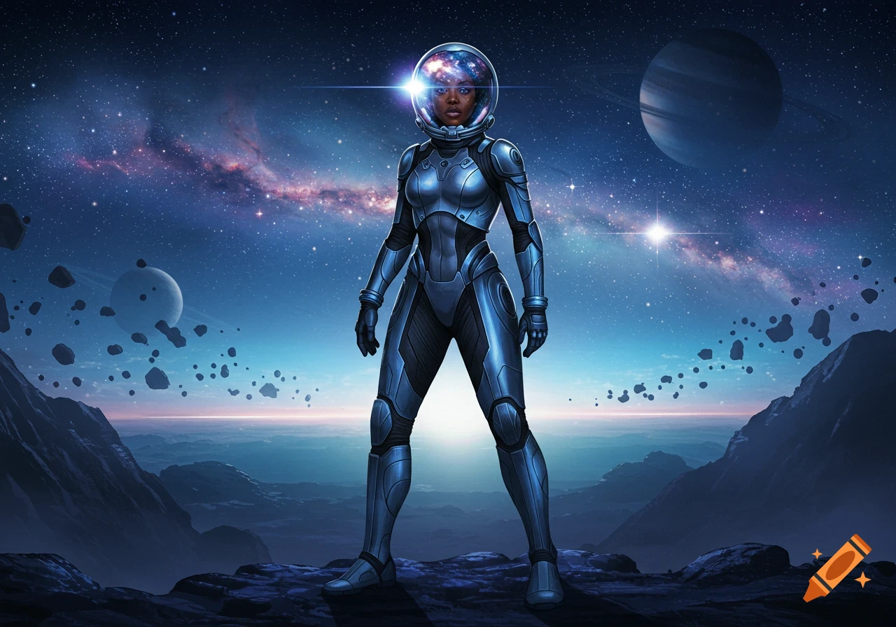 A Black woman in a blue futuristic space suit stands on an alien planet, gazing at a galaxy, planets, and asteroids in the starry sky.