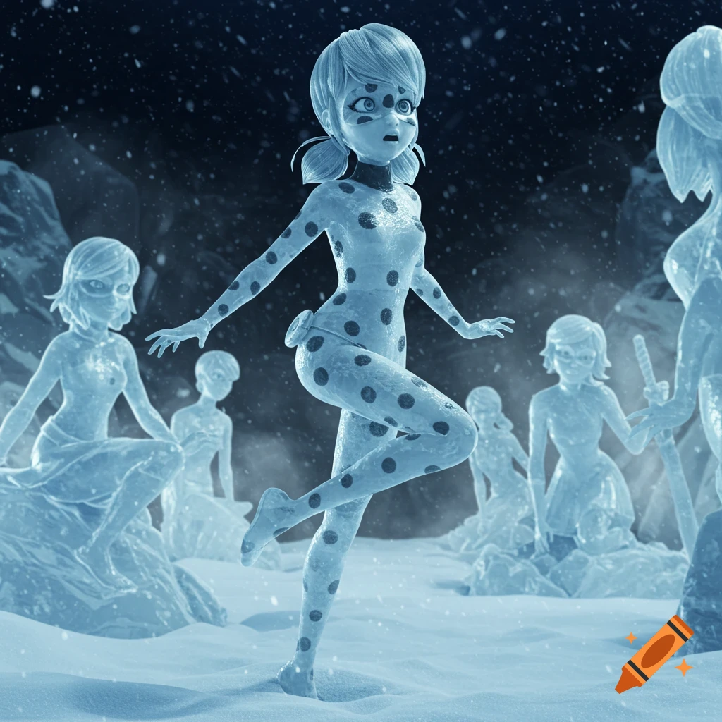Ladybug from Miraculous Ladybug as a surprised ice statue in a snowy cave, surrounded by other frozen heroines.