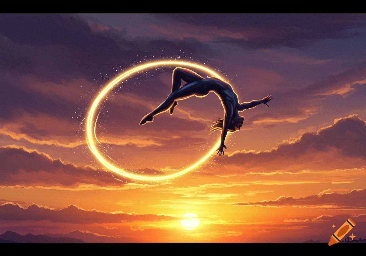 A person in a backflip pose, surrounded by a glowing ring, against a vibrant sunset sky. Digital art.