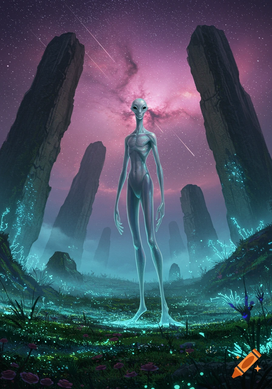 A tall, skinny grey alien stands in a vibrant alien landscape with large rock formations, glowing plants, and a purple nebula sky with shooting stars.