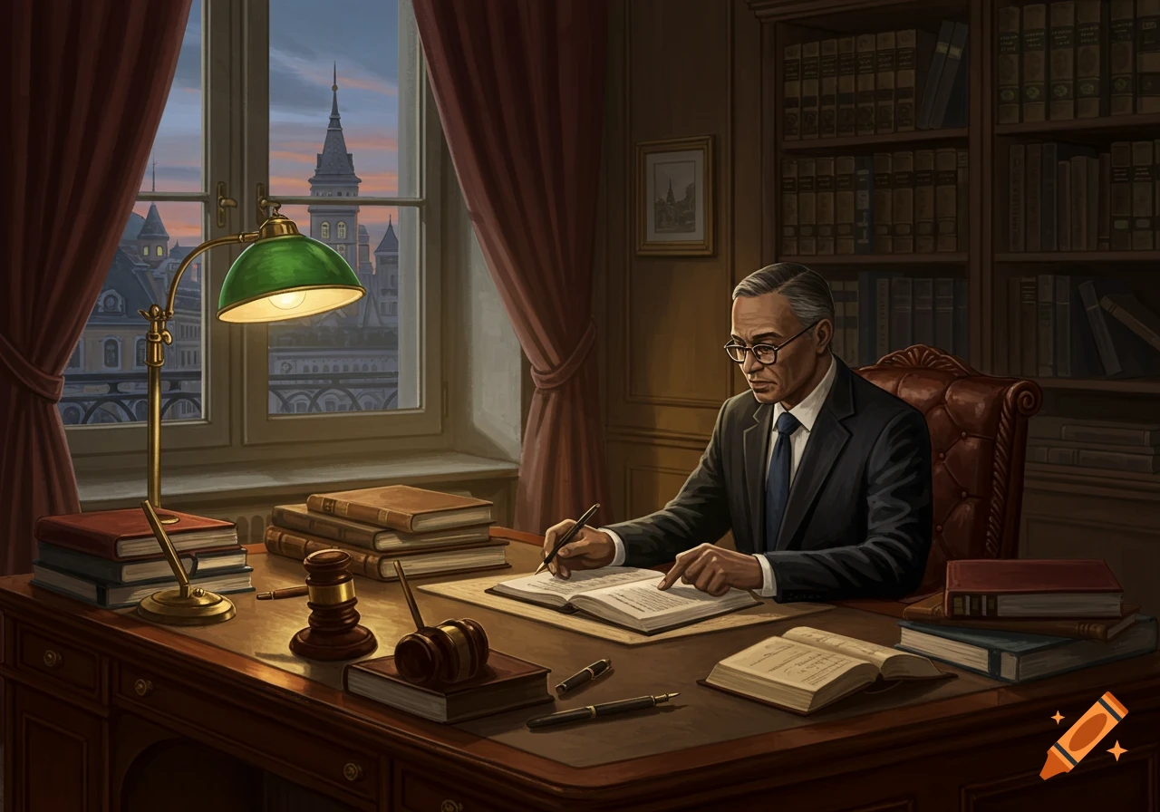 An attorney in a suit and glasses sits at a grand wooden desk, writing in a book under the warm glow of a green desk lamp, with city buildings visible through the window at dusk.