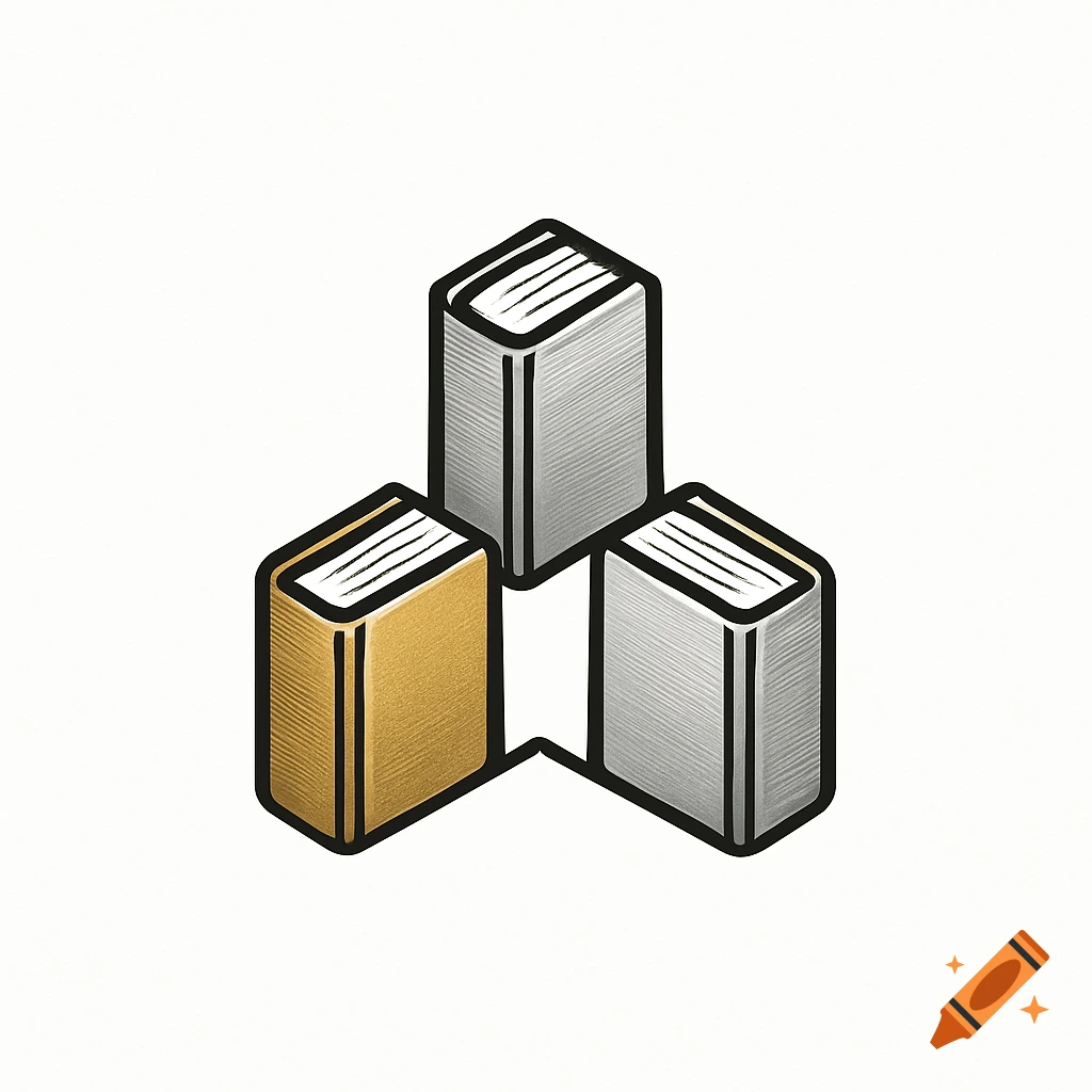 A logo featuring three stylized books, one gold and two silver, arranged in a triangular formation on a white background.