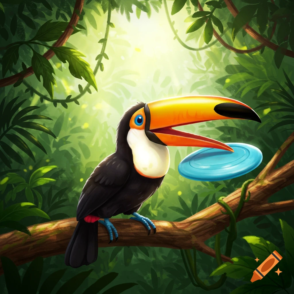 Cartoon toucan with a blue frisbee in its beak, perched on a branch in a vibrant jungle.