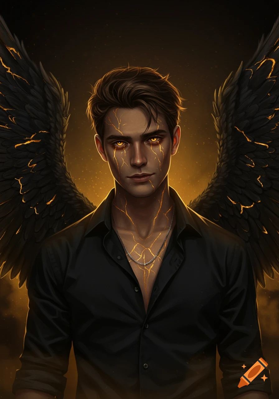 A fantasy portrait of a man with glowing golden eyes, golden cracks on his skin, dark feathered wings, and a black unbuttoned shirt.