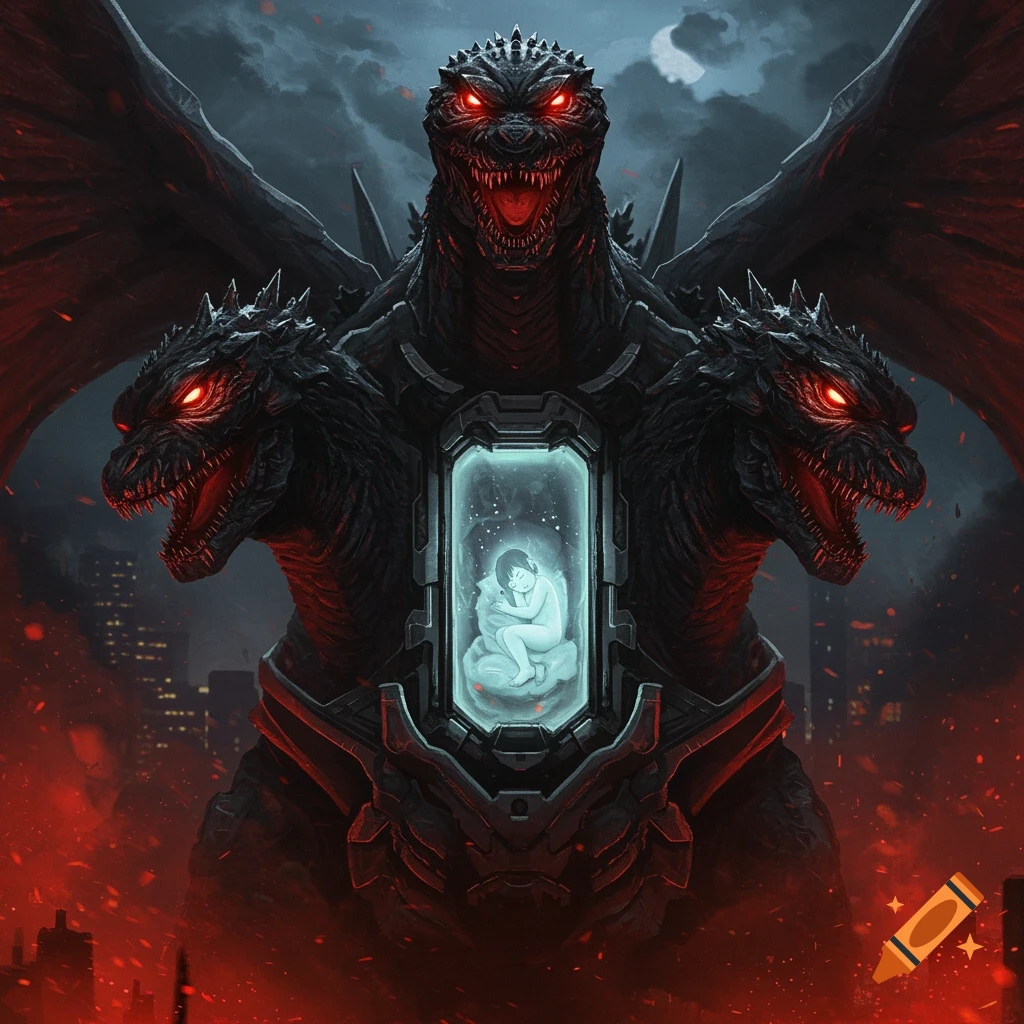 A three-headed, winged Godzilla-like monster with glowing red eyes stands over a burning city, a glowing capsule with a child in its chest.