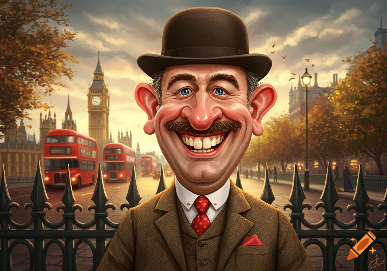 Caricature of a broadly grinning British man in a bowler hat and tweed suit, with Big Ben and red double-decker buses in the background.