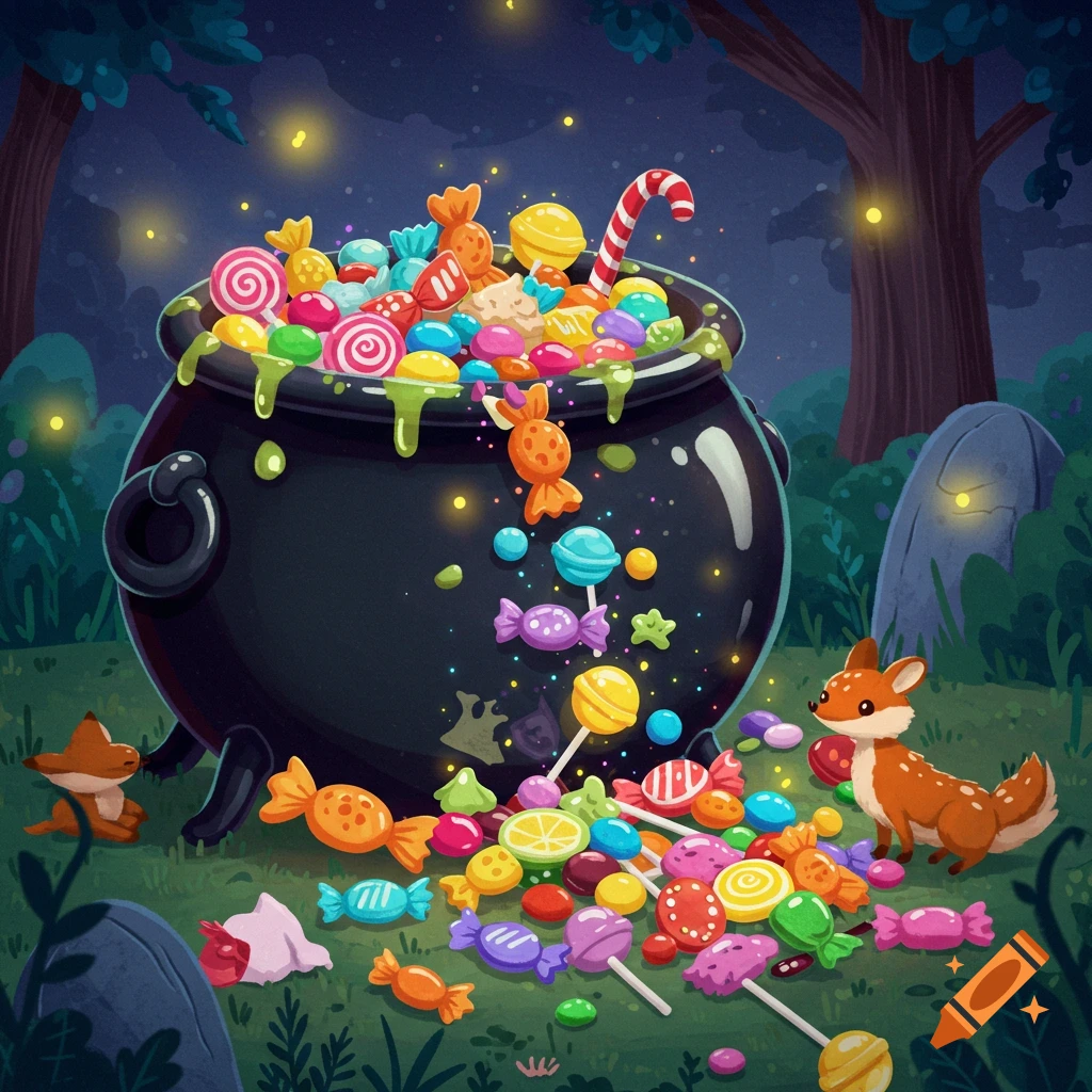 A cartoon illustration of a black cauldron overflowing with colorful candies spilling onto the grass in a dark forest, with two cute fox kits.