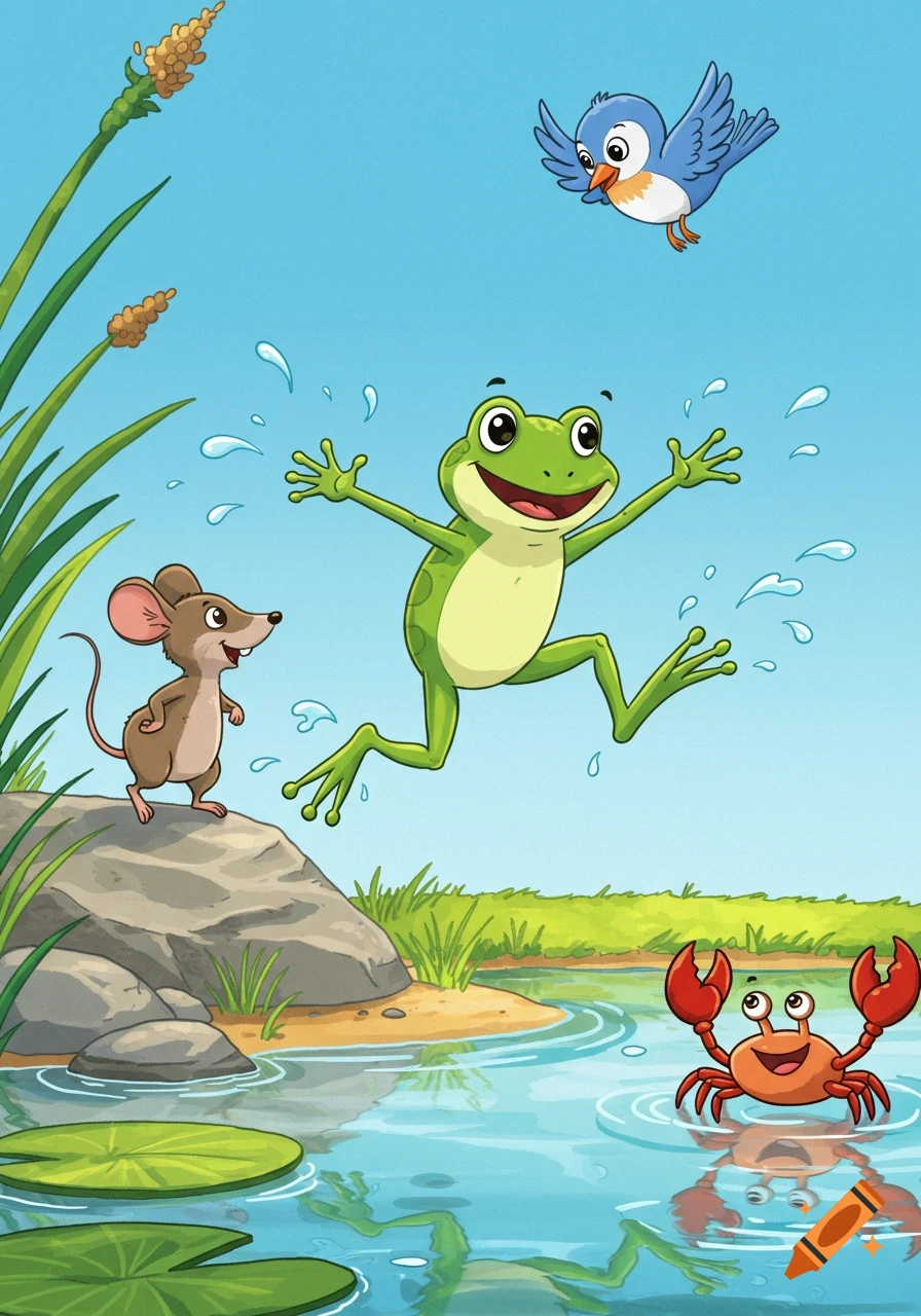 A happy cartoon frog jumps from a rock into a pond, splashing water, while a mouse, bird, and crab watch on a sunny day.