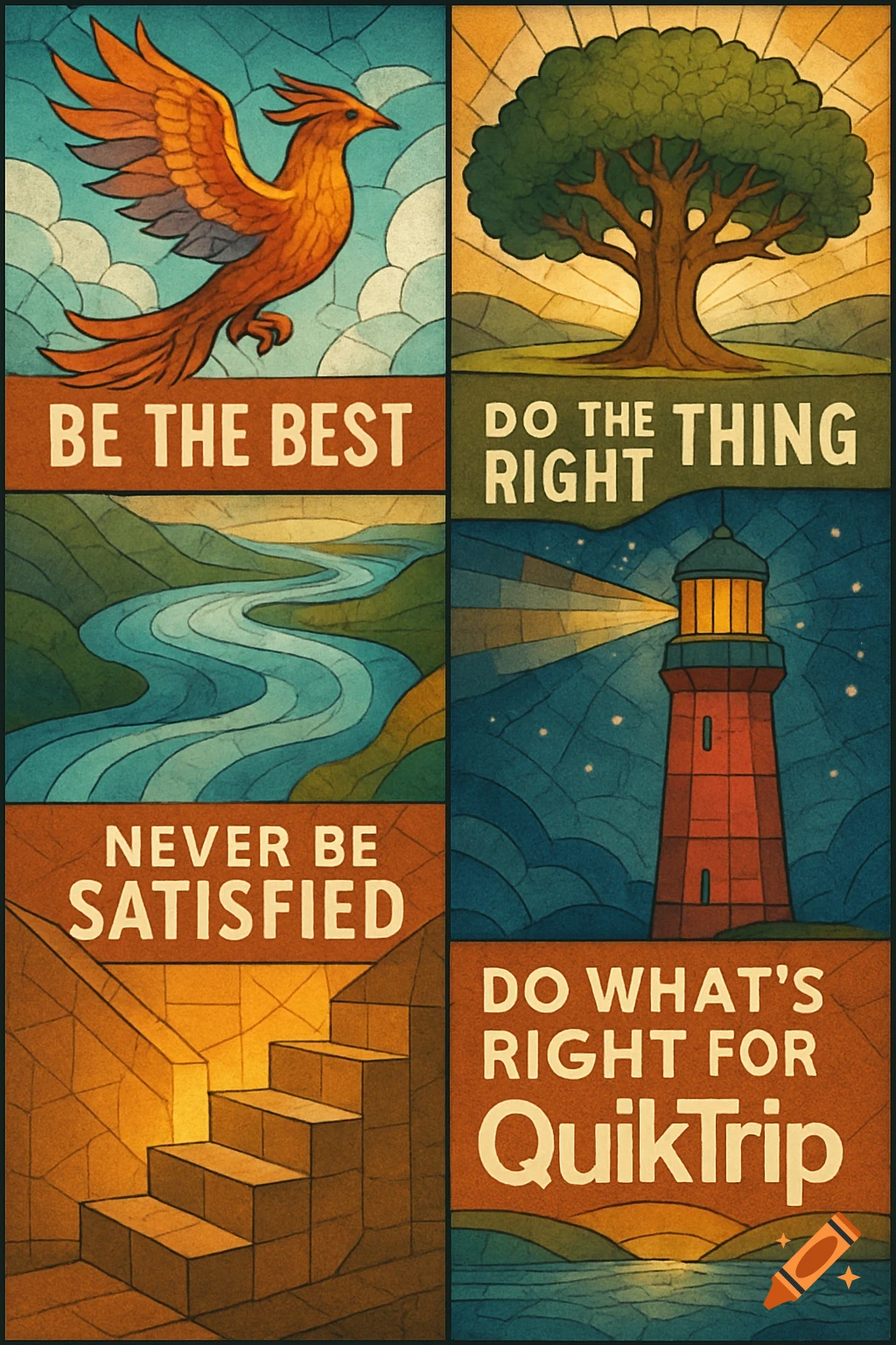 A six-panel mosaic-style poster with motivational phrases. Panels depict a phoenix, a tree, a river, a lighthouse, stairs, and a sunset, each with text like 'BE THE BEST' and 'NEVER BE SATISFIED'.