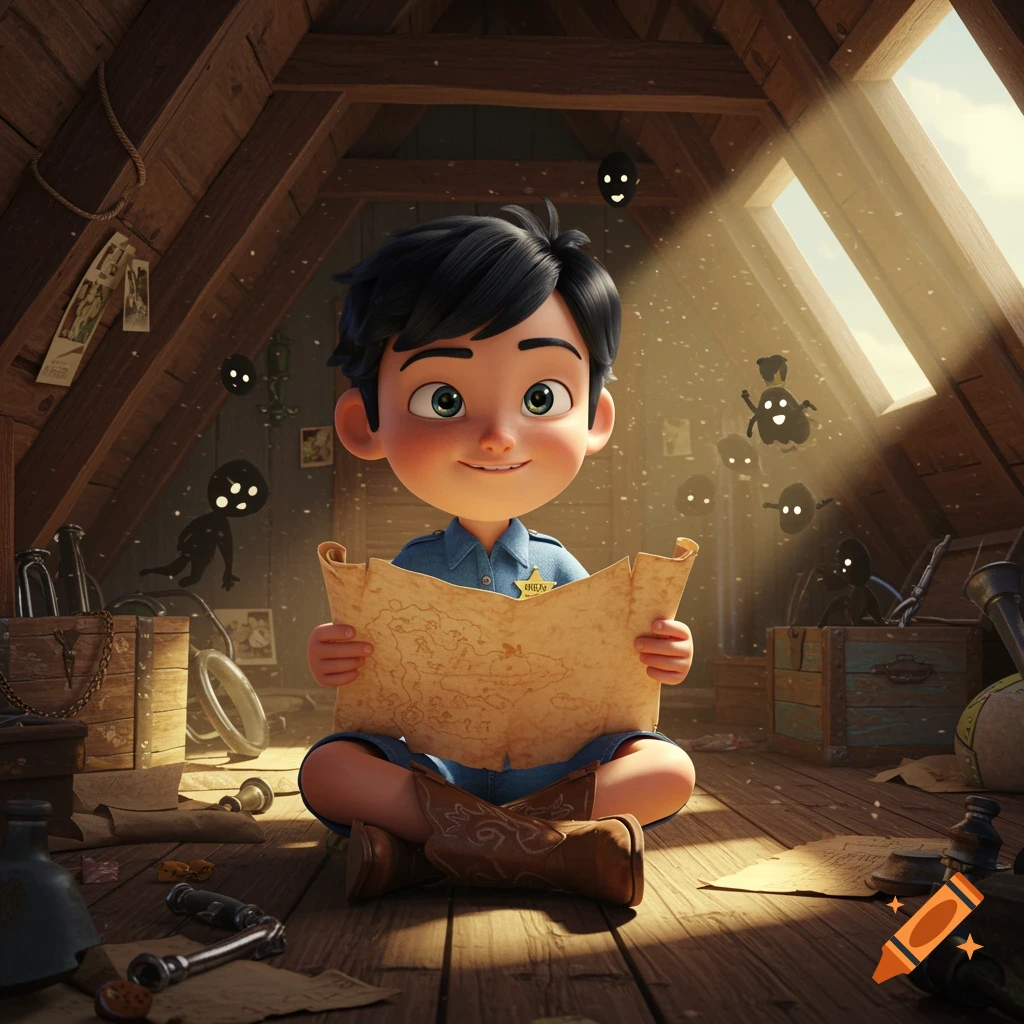 A cute 3D Pixar-style boy with black hair, wearing a sheriff badge, blue shirt, shorts, and cowboy boots, sits in a dusty attic, reading a treasure map.