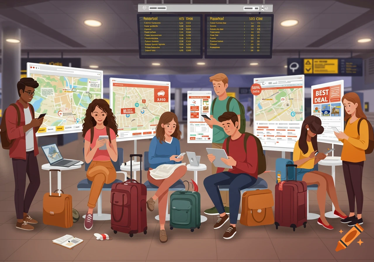 Diverse group of travelers in an airport waiting area, using phones, tablets, and laptops to research travel deals, with large information screens and maps in the background. Illustrated style.