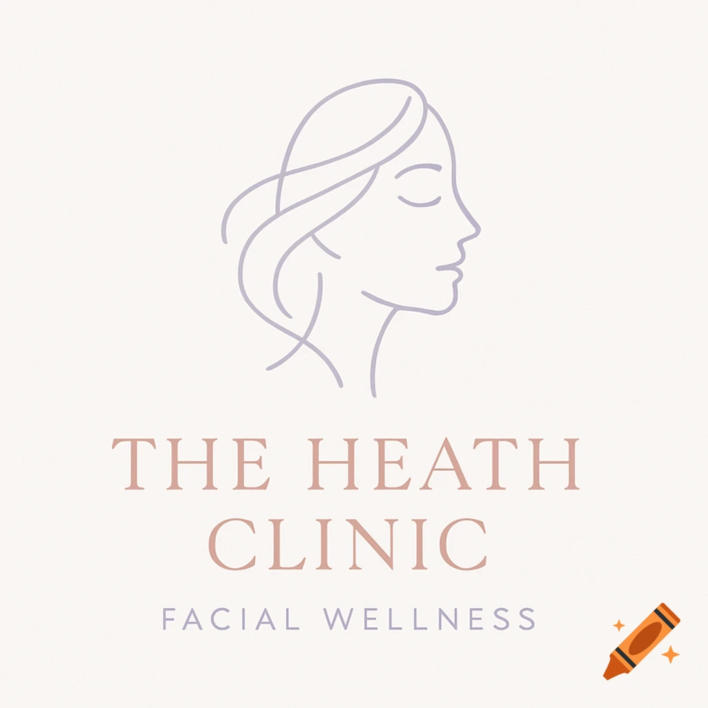 Minimalist logo with a woman's profile outline, text 'THE HEATH CLINIC' and 'FACIAL WELLNESS', in a clean, aesthetic style.