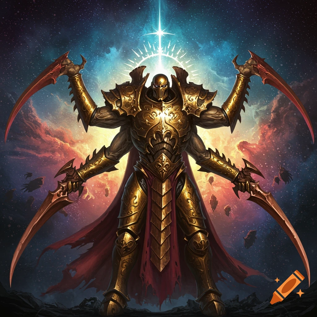A four-armed warrior in ornate golden armor and mask stands against a cosmic background with nebulae and a glowing star.